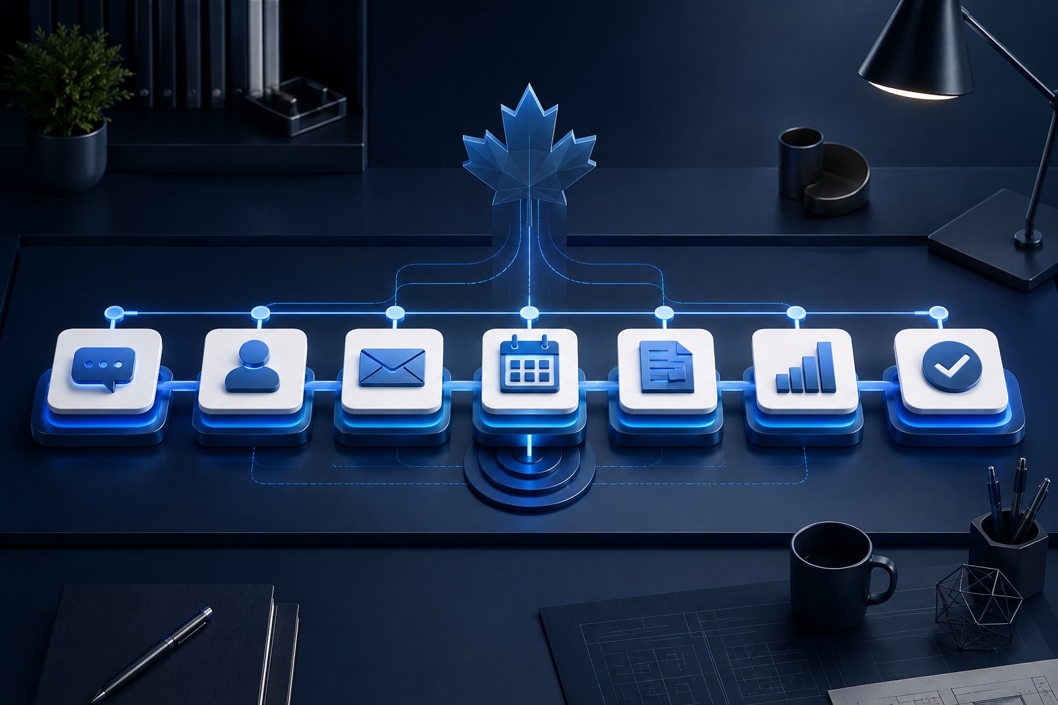Connected workflow modules representing automated business processes
