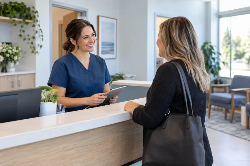 Clinician welcoming a visitor at a healthcare reception desk