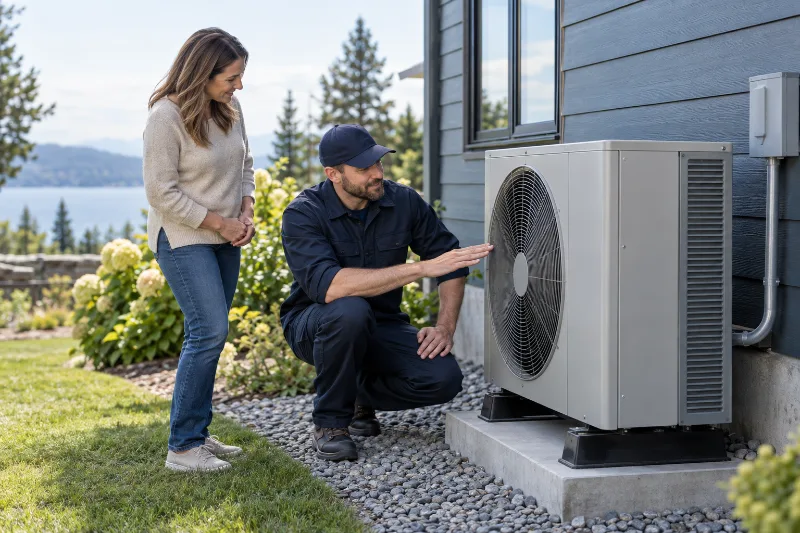 Heating technician inspecting a residential heat pump with a homeowner