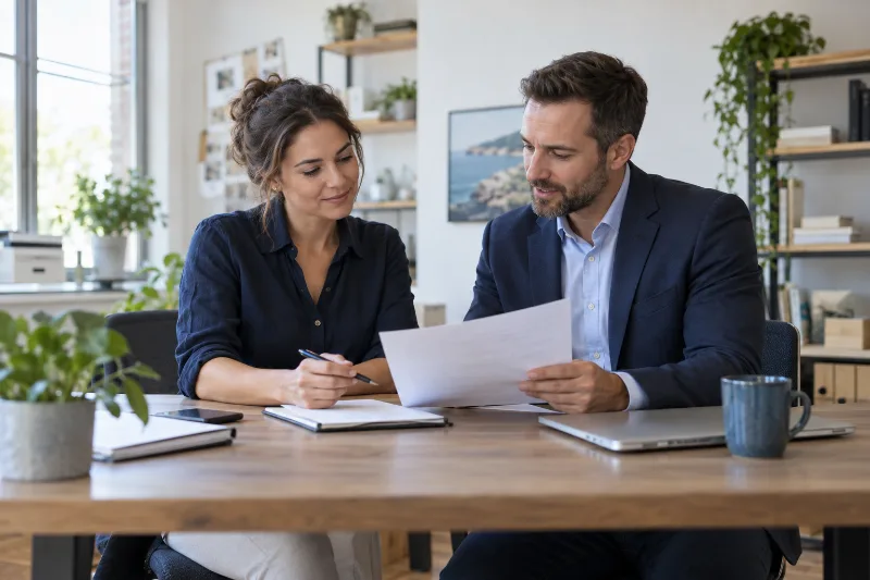 Business owner discussing paperwork with a professional advisor