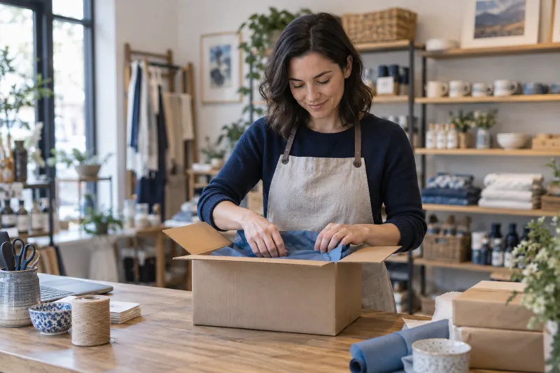 Retail owner packing an online order at a shop counter
