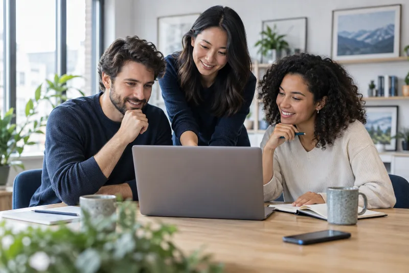 Startup team collaborating around a laptop