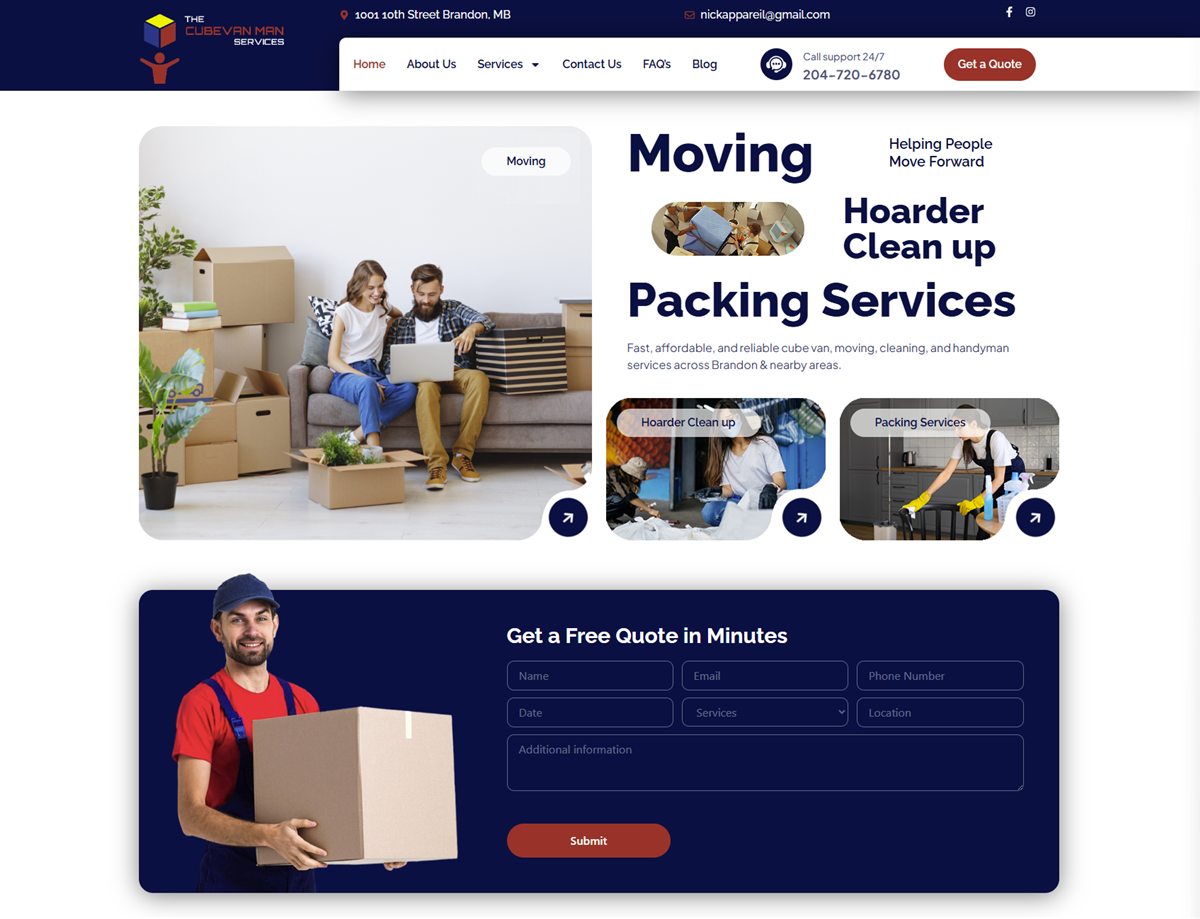The Cube Van Man Services website homepage on desktop